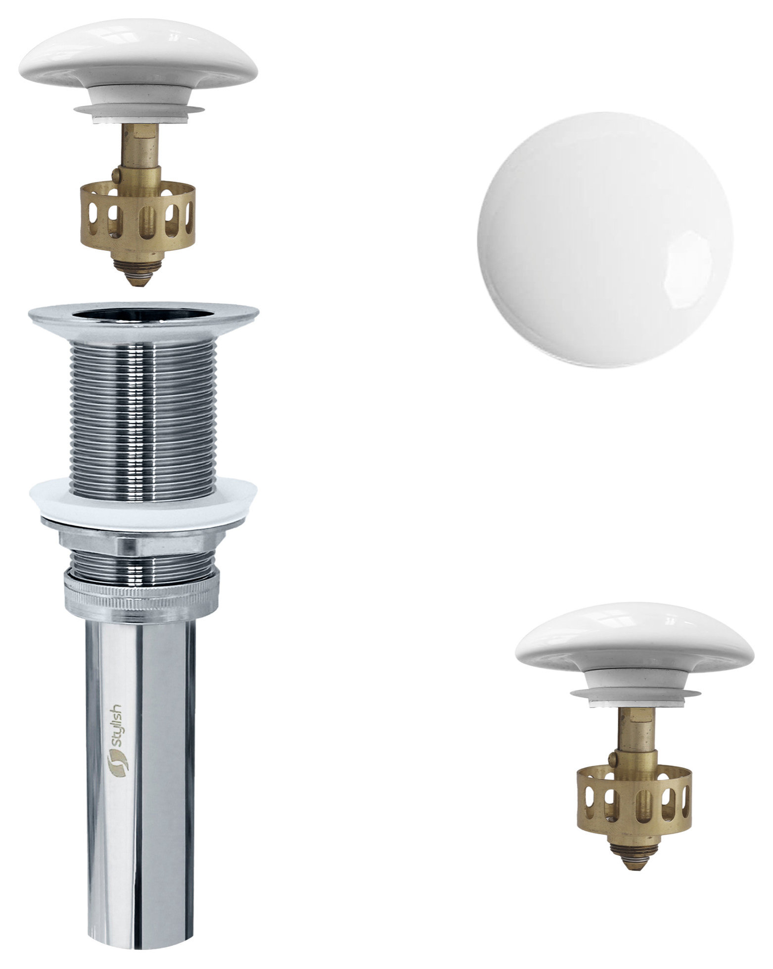 STYLISH Vessel Sink Pop-Up Drain with white ceramic cap without overflow