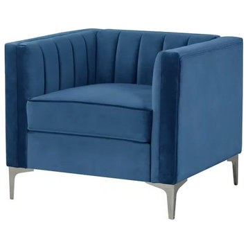 Contemporary Accent Chair, Velvet Seat With Channel Tufted Back & Arms, Blue