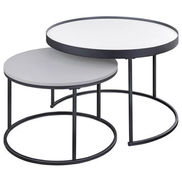 Set of 2 Nesting Coffee Table, Metal Frame With Round MDF Top, White/Blue/Black