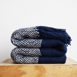 Blue Ecru Striped Wool Sheep Handwoven Blanket - Throws