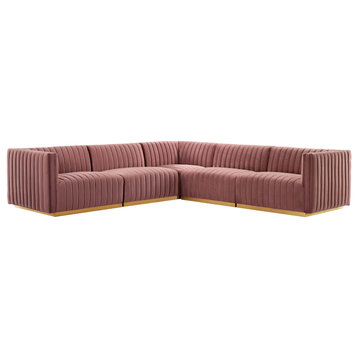 Conjure Channel Tufted Velvet 5-Piece Sectional, Gold Dusty Rose