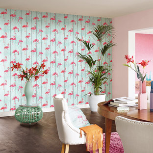 Неиссякаемый источник вдохновения для домашнего уюта: гостиная-столовая среднего размера в стиле модернизм с разноцветными стенами