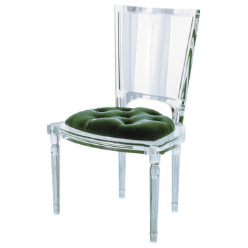 Luxe Clear Acrylic Side Chair Dining Dark Green Tufted Mohair Velvet Seat Plush