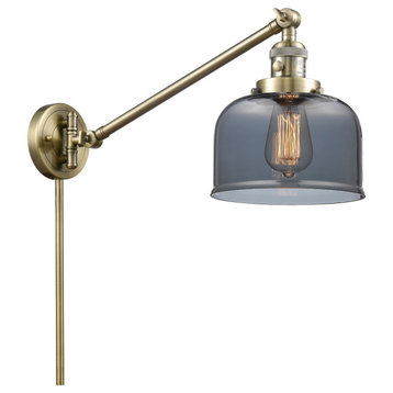 Large Bell 1-Light Swing Arm Light, 8", Antique Brass, Glass: Plated Smoked