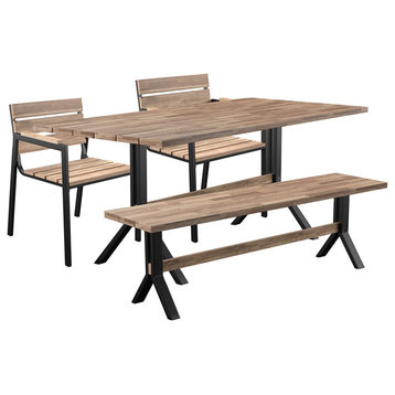 4 Piece Patio Dining Set, Slatted Tabletop With Chairs and Bench, Natural Finish