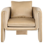 Meridian Furniture - Sloan Velvet Accent Chair, Camel - Position this elegantly eye-grabbing Sloan velvet accent chair wherever you need to inject sophistication and beauty into your room. This chair features sumptuously appointed soft camel velvet that covers every inch of its softly padded arms, seat, and back cushions, ensuring total bliss while you read or watch TV. A wooden frame adds durability to the design, and the addition of a special matching pillow on the back adds to the chair's overall comfort factor.