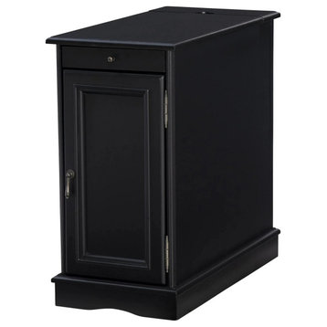 Transitional Narrow End Table, Pull Out Tray & Electrical Charge Station, Black