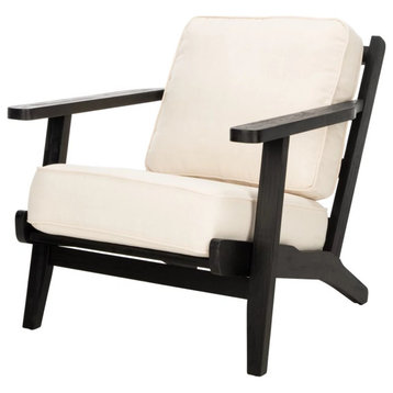 Retro Accent Chair, Black Painted Wooden Frame With Bone White Cushioned Seat