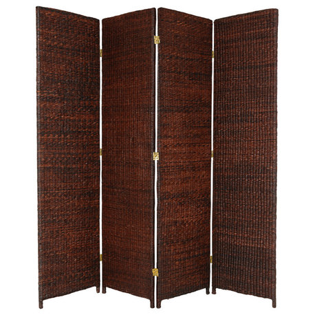 6' Tall Rush Grass Woven Room Divider, 4 Panel, Dark Brown