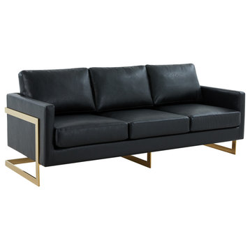 LeisureMod Lincoln Modern Leather Sofa With Gold Frame, Black