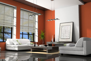 Living room - large zen formal and open concept laminate floor and black floor living room idea in Detroit with red walls, no fireplace and no tv