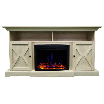 62" Whitby Farmhouse Electric Fireplace Heater WithDeep Log Insert, Sandstone