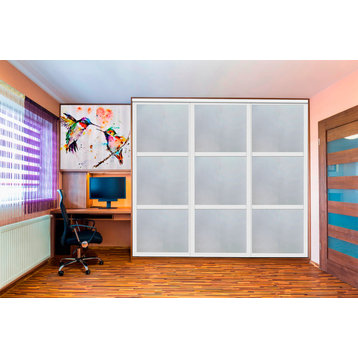 3 Panels Closet / Wardrobe Door with Frosted & White Painted Glass Insert, 106"x80" Inches, Painted