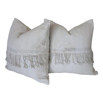 Pair of Creamy White African Mudcloth Pillows with Original Fringe Accents