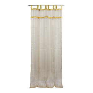 Mogul Interior - 2 Organza Sheer Curtains Beige Stripe Pattern Sari Border Indian Drapes, 48x96" - Curtains