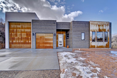 Small trendy gray one-story mixed siding exterior home photo in Other with a metal roof