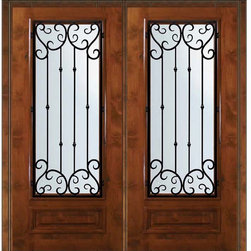 Prehung Double Door 80 Alder Valencia 1 Panel 3/4 Lite Wrought Iron - Front Doors