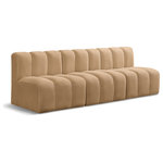 Meridian Furniture - Arc Velvet Upholstered 3-Pc. Modular Sofa, Camel - Give your living room or den the perfect blend of style and versatility with this Arc velvet fabric curved modula Sectionalr. Part of the Arc modular furniture collection, this chair comes upholstered in rich camel velvet fabric and features deep channel tufting that adds a touch of luxury while enhancing comfort and support. A seamless combination of form and function, this chair can be used with other Arc pieces to create a myriad of configurations in your well-curated room.