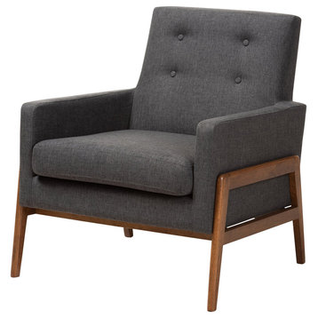 Ylvi Mid-Century Modern Dark Gray Fabric Upholstered Walnut Wood Lounge Chair
