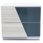 Best Master Furniture - Manchester 2-Drawer Bedroom Nightstand - This Manchester 2 Drawer Nightstand has all you need for the modern and contemporary look. It comes in high gloss Zebra White Lacquer with an extra coding. The diagonal portion is light blue/ green color mirror. It comes with metal rails on all drawers.