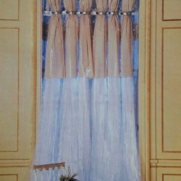unconventional curtains made with dry cleaning bags,paper and aluminum