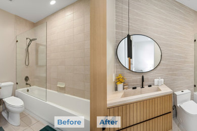 Inspiration for a mid-sized modern kids' beige tile and porcelain tile porcelain tile, beige floor and single-sink alcove bathtub remodel in Orange County with louvered cabinets, light wood cabinets, a one-piece toilet, beige walls, an undermount sink, quartz countertops, beige countertops and a floating vanity