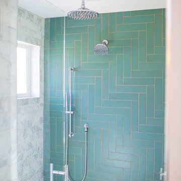 Walk-In Shower with Herringbone Blue Wall Tile
