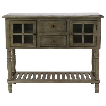Console Table, Carved Legs and Cabinets With Window Like Glass Door, Grey