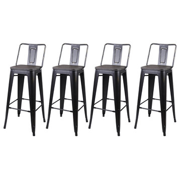 Antique Black Middle Back Metal Barstools With Wooden Seat, Set of 4
