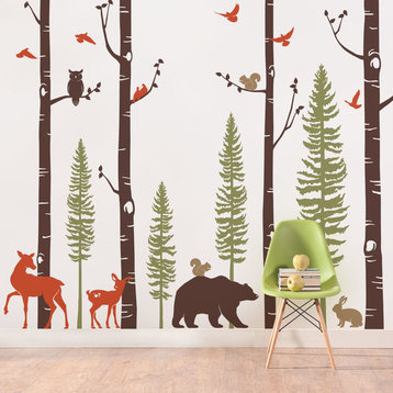 Birch Trees With Animals Wall Decal, Scheme A, 96" Tall Trees