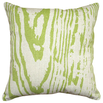 Faux Bois Printed Linen Pillow With Feather-Down Insert, Chartreuse Green
