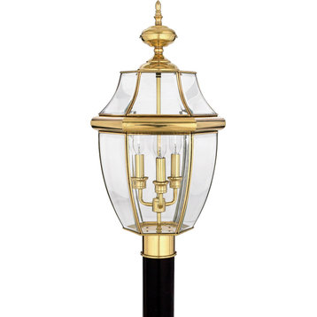 Quoizel NY9043B Three Light Outdoor Post Lantern, Polished Brass Finish