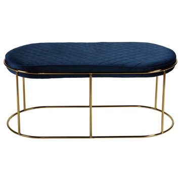 Ludlow Bench Ottoman, Blue Velvet and Brushed Gold