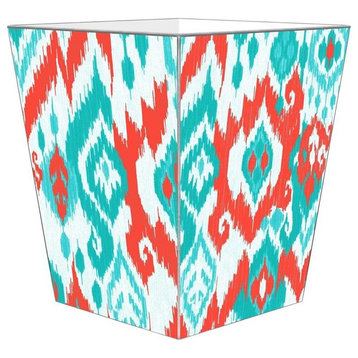 Ikat Wastepaper Basket, Coral and Turquoise