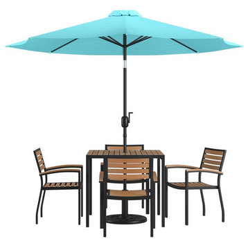 Flash Furniture 7PC Aluminum Patio Dining Set with Umbrella and Base - Blue