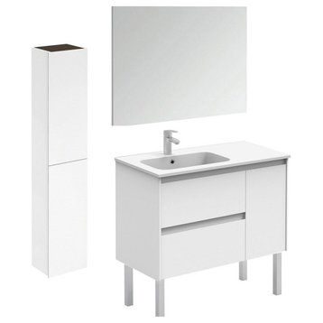 Ambra 90F Pack 2 Freestanding Bathroom Vanity w/ Mirror & Column in Matte White