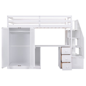 TATEUS Twin Size Loft Bed with Wardrobe and Staircase, Desk and Storage Drawers, White
