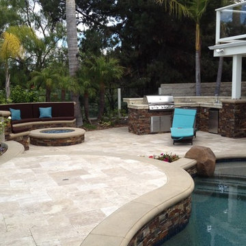 Pool, Spa & Backyard Remodel (baja shelf, paving, firepit, outdoor kitchen, BBQ)