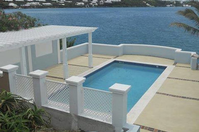 Imagen de piscina natural actual grande rectangular en patio trasero con suelo de hormigón estampado