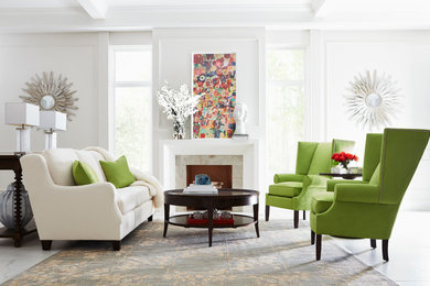 Inspiration for a mid-sized contemporary formal and open concept marble floor and gray floor living room remodel in Other with white walls, a standard fireplace, a stone fireplace and no tv