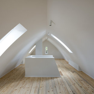Idee per una palestra in casa classica con pareti bianche, parquet chiaro, pavimento marrone e soffitto a volta