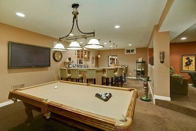 Basement - huge traditional walk-out carpeted basement idea in Baltimore with beige walls
