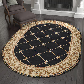 Orleans Traditional Border Area Rug, Black, 5'3"x7'3", Oval