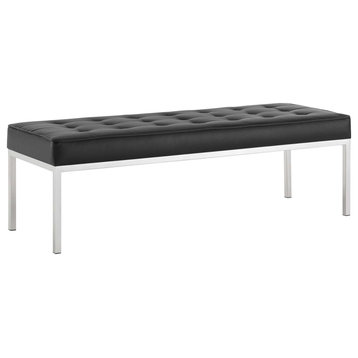 Loft Tufted Large Upholstered Faux Leather Bench, Silver Black