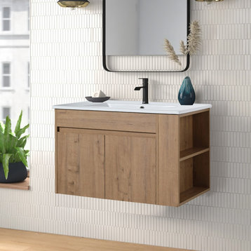 30" Float Mounting Bathroom Vanity With Adjustable Shelf, White Ceramic Basin