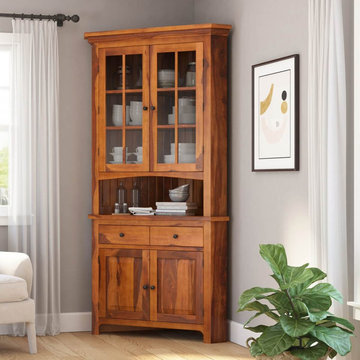Denison Rustic Solid Wood Glass Door Corner Hutch