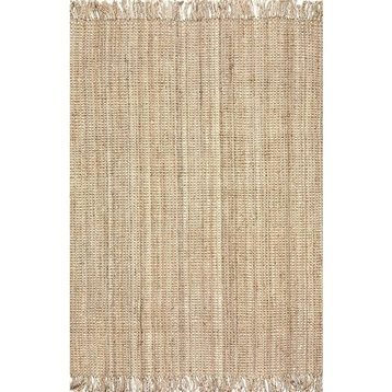 Farmhouse Reversible Area Rug, Natural Pure Jute With Fringe Tassels, 4' X 10'