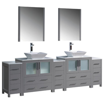 96" Gray Modern Double Sink Bathroom Vanity w/ 3 Side Cabinets & Vessel Sinks
