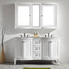 Verona 60" Double Vanity With Carrera White Marble Top, White, With Mirror