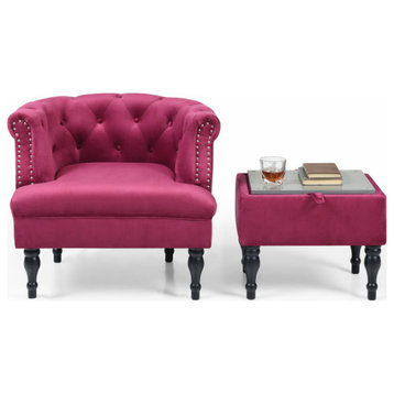 Set of Upholstered Velvet Accent Chair and Storage Ottoman, Fuchsia